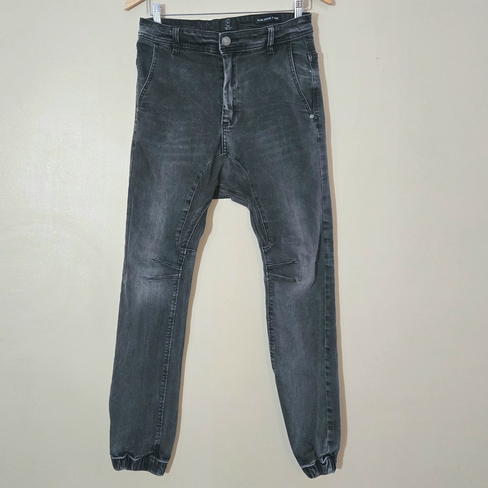 Cotton On 91 Slim Denim Joggers Black Moto Drop Crotch Goth Ninja Streetwear 30